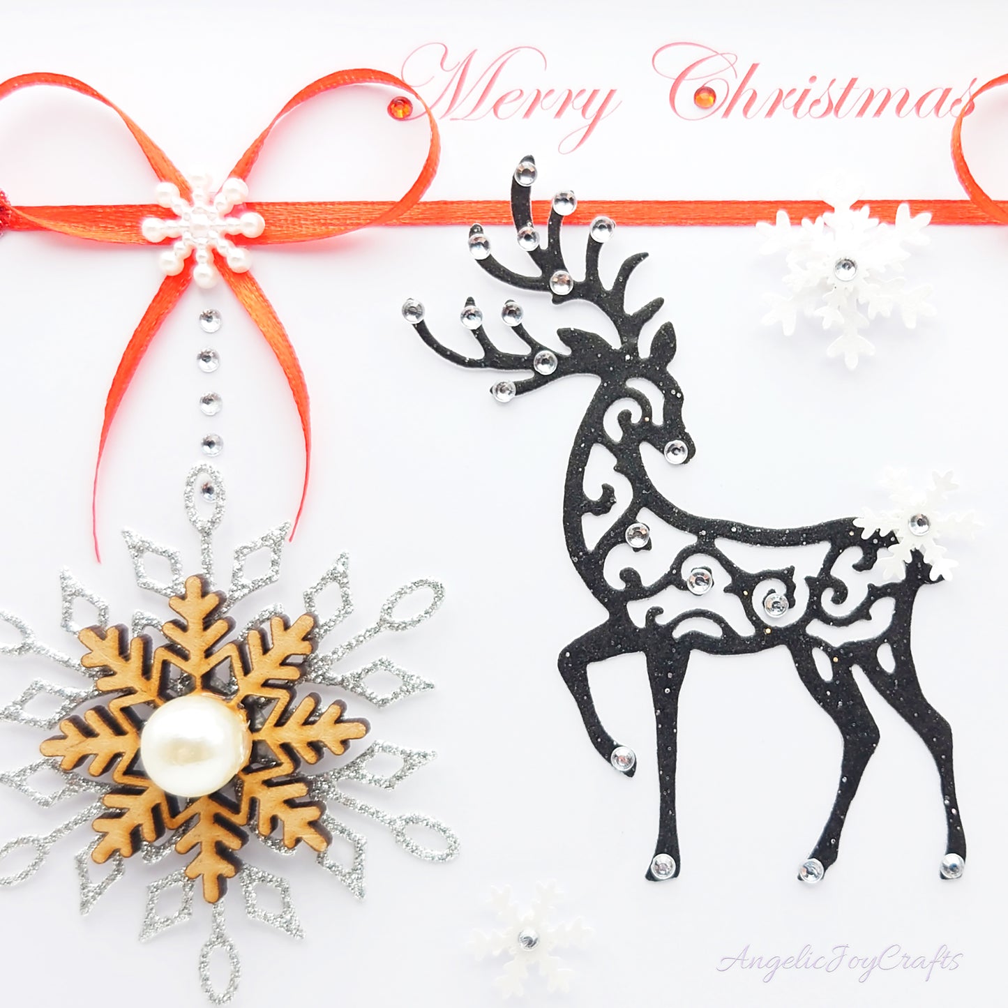 Handmade Personalised 3D Christmas Card with Deer, Bows & Wooden Snowflake + Complimentary Gift Box | Christmas | Noel | New Year