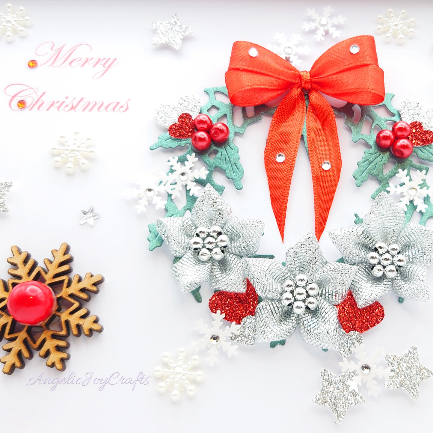 Handmade Personalised 3D Christmas Card with Ornate Wreath & Wooden Snowflakes + Complimentary Gift Box | Christmas | Noel | New Year