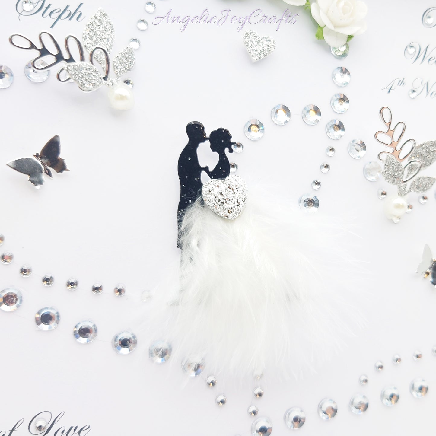 Handmade Personalised 3D Wedding Card with Gem Hearts & Real Feather + Complimentary Gift Box | Anniversary | Wedding | Engagement