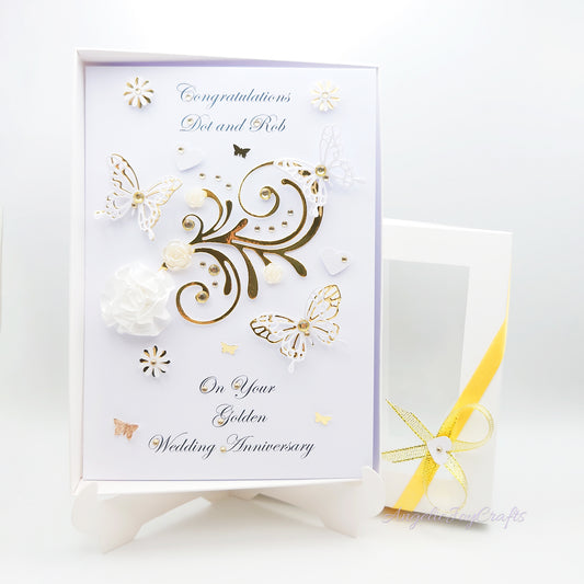 Handmade Personalised 3D Gold Anniversary Card with Floral Swirl & Butterflies + Complimentary Gift Box | Anniversary | Wedding | Engagement | Birthday | Mother's Day