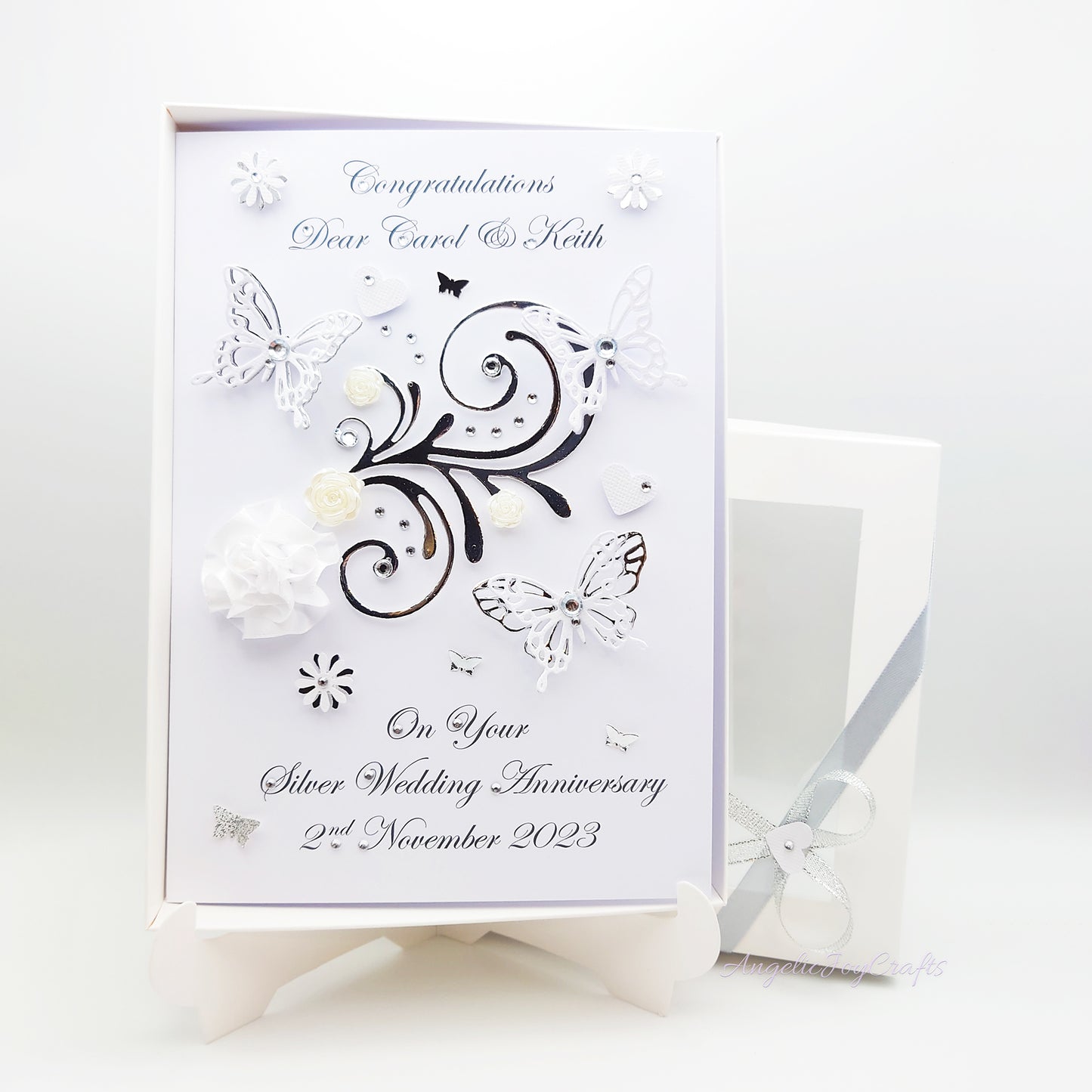 Handmade Personalised 3D Gold Anniversary Card with Floral Swirl & Butterflies + Complimentary Gift Box | Anniversary | Wedding | Engagement | Birthday | Mother's Day