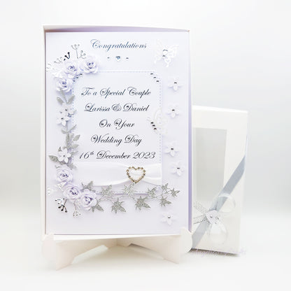 Handmade Personalised 3D Wedding Card with Floral Plaque & Brooch + Complimentary Gift Box | Anniversary | Wedding | Engagement