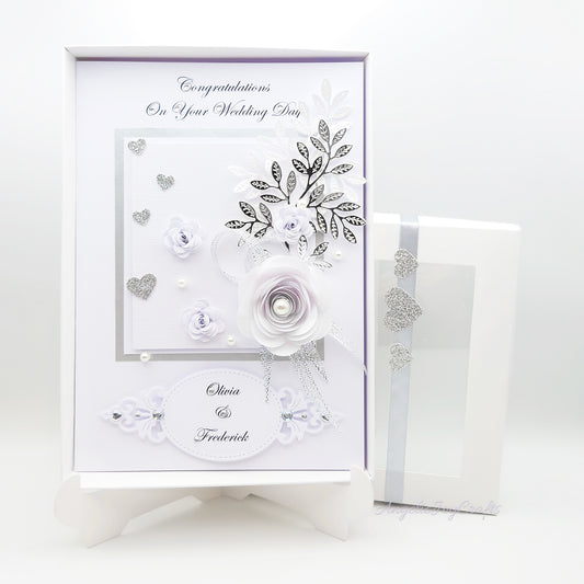 Handmade Personalised 3D Wedding Card with Floral Frame & Plaque + Complimentary Gift Box | Anniversary | Wedding | Engagement