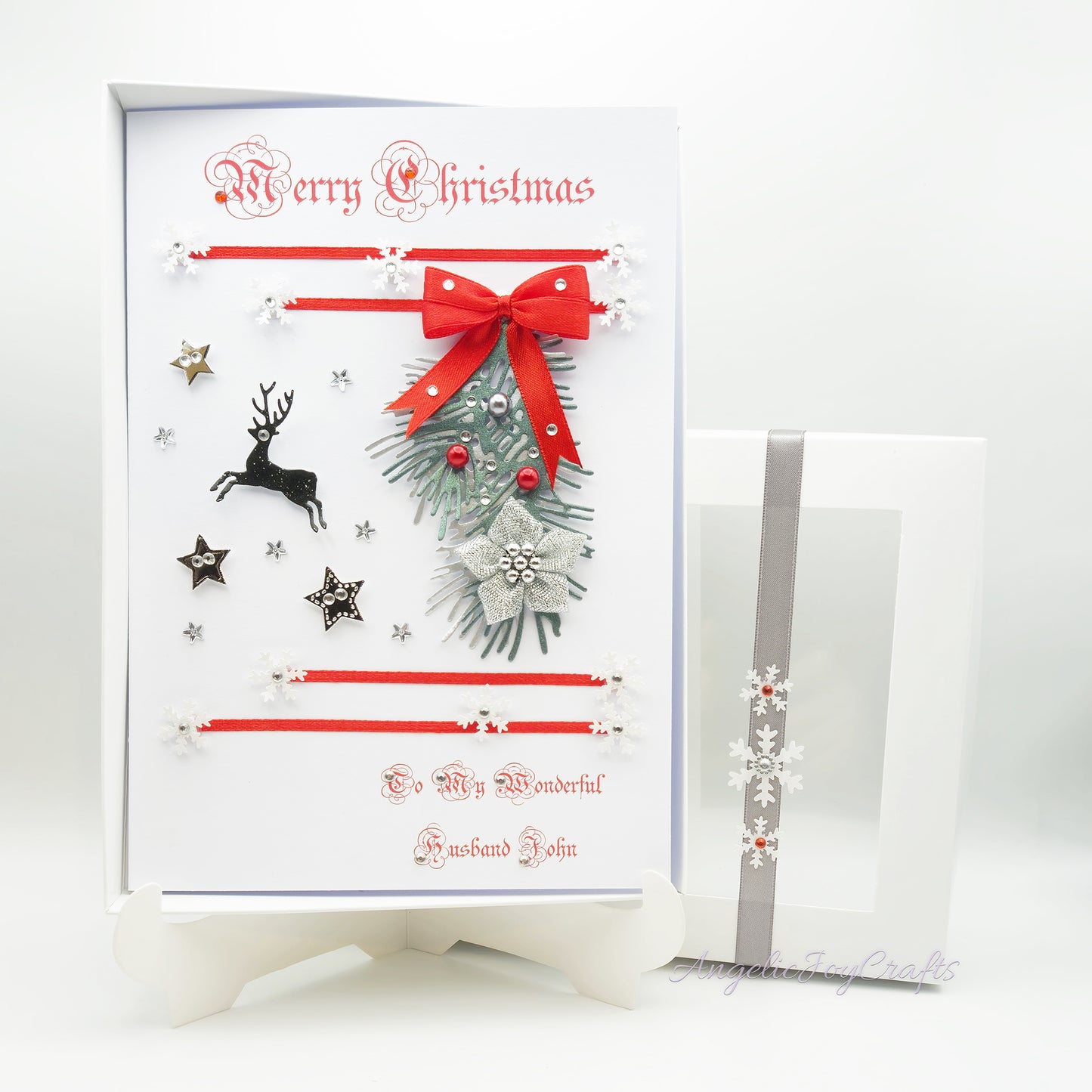 Handmade Personalised 3D Christmas Card with Spruce Branch & Buck + Complimentary Gift Box | Christmas | Noel | New Year