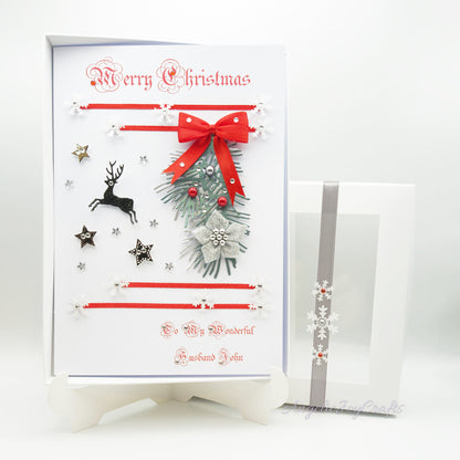 Handmade Personalised 3D Christmas Card with Spruce Branch & Buck + Complimentary Gift Box | Christmas | Noel | New Year