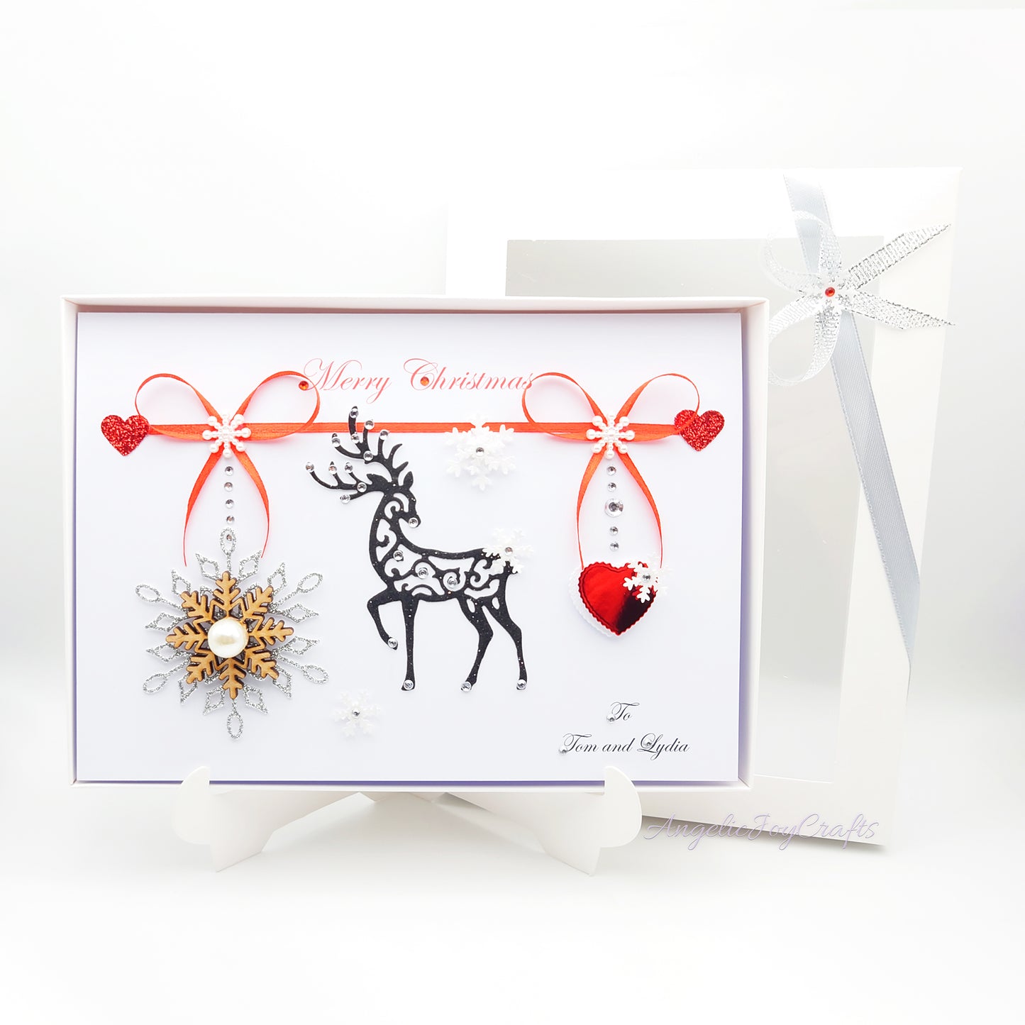 Handmade Personalised 3D Christmas Card with Deer, Bows & Wooden Snowflake + Complimentary Gift Box | Christmas | Noel | New Year