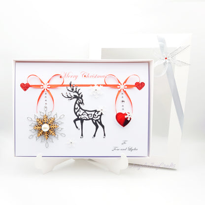 Handmade Personalised 3D Christmas Card with Deer, Bows & Wooden Snowflake + Complimentary Gift Box | Christmas | Noel | New Year