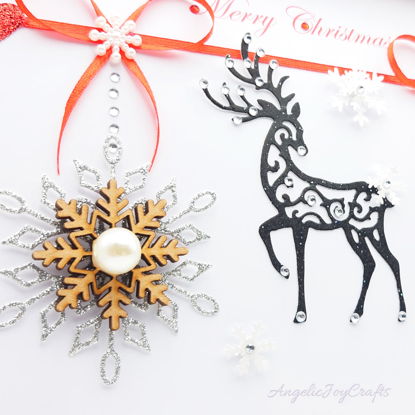 Handmade Personalised 3D Christmas Card with Deer, Bows & Wooden Snowflake + Complimentary Gift Box | Christmas | Noel | New Year
