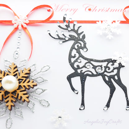 Handmade Personalised 3D Christmas Card with Deer, Bows & Wooden Snowflake + Complimentary Gift Box | Christmas | Noel | New Year