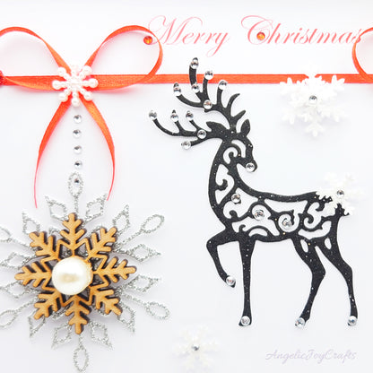 Handmade Personalised 3D Christmas Card with Deer, Bows & Wooden Snowflake + Complimentary Gift Box | Christmas | Noel | New Year