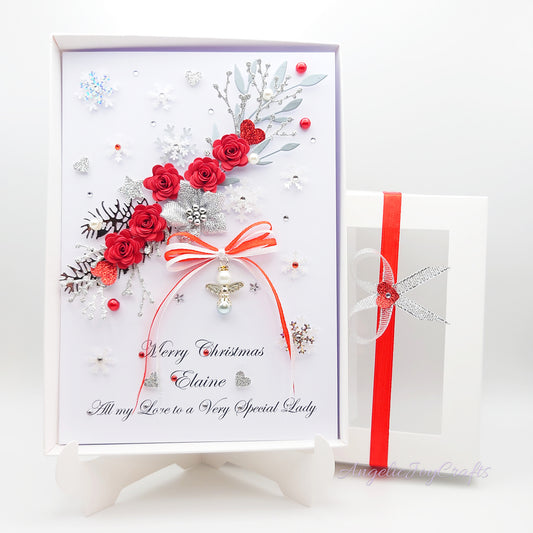 Handmade Personalised 3D Christmas Card with Floral Wreath & Bow + Complimentary Gift Box | Christmas | Noel | New Year