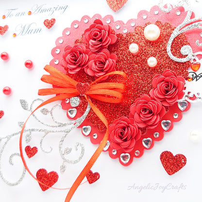 Handmade Personalised 3D Birthday Card with Flower Heart & Bow + Complimentary Gift Box | Birthday | Mother's Day | Valentine's Day