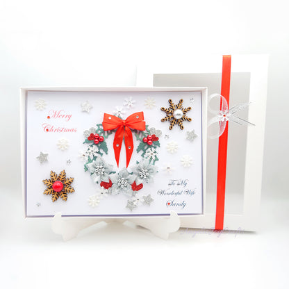 Handmade Personalised 3D Christmas Card with Ornate Wreath & Wooden Snowflakes + Complimentary Gift Box | Christmas | Noel | New Year