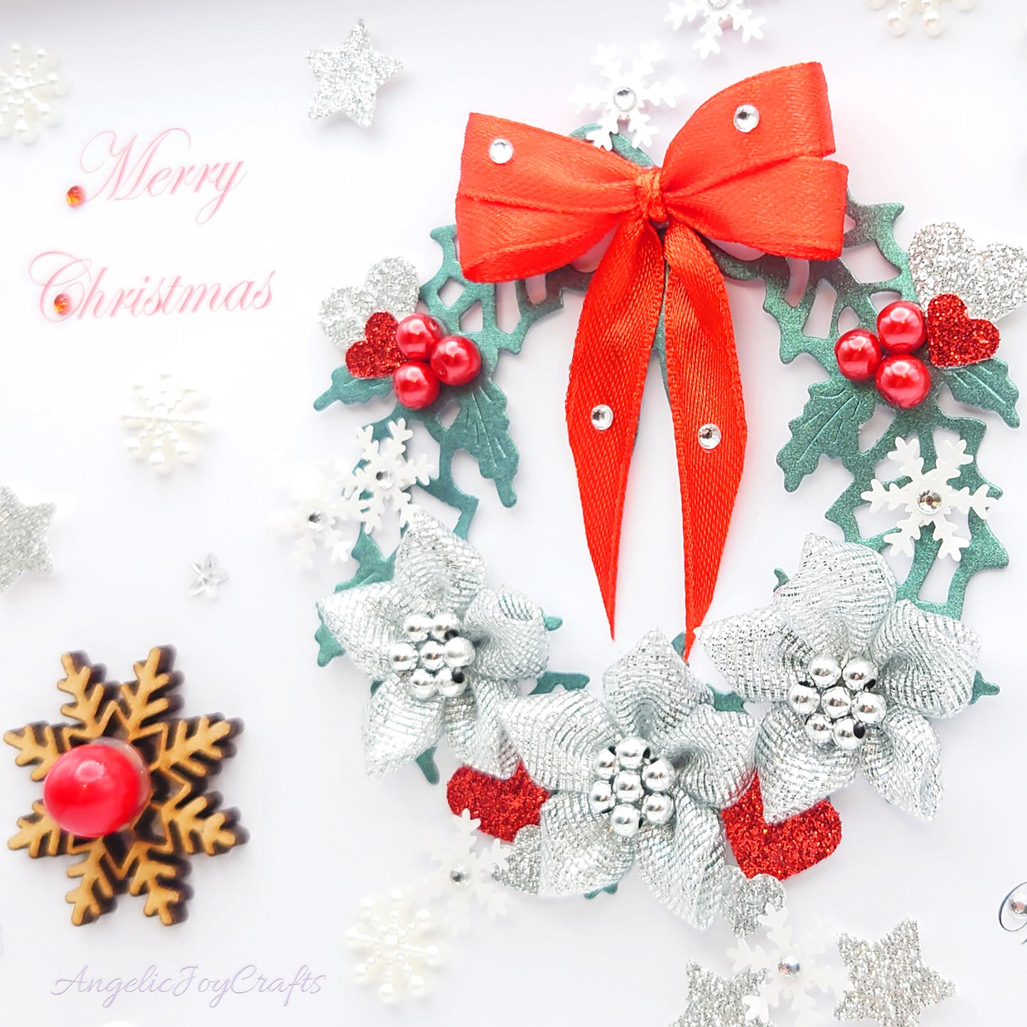 Handmade Personalised 3D Christmas Card with Ornate Wreath & Wooden Snowflakes + Complimentary Gift Box | Christmas | Noel | New Year