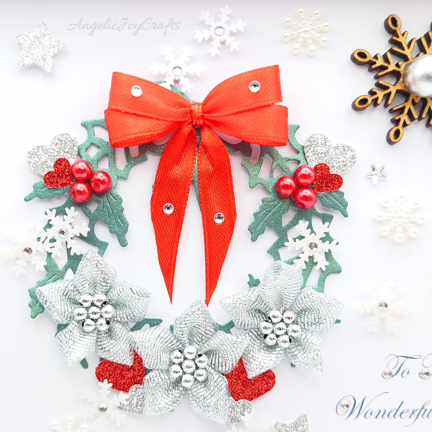 Handmade Personalised 3D Christmas Card with Ornate Wreath & Wooden Snowflakes + Complimentary Gift Box | Christmas | Noel | New Year