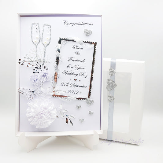 Handmade Personalised 3D Wedding Card with Flowers, Champagne & Framed Momento + Complimentary Gift Box | Anniversary | Wedding | Engagement