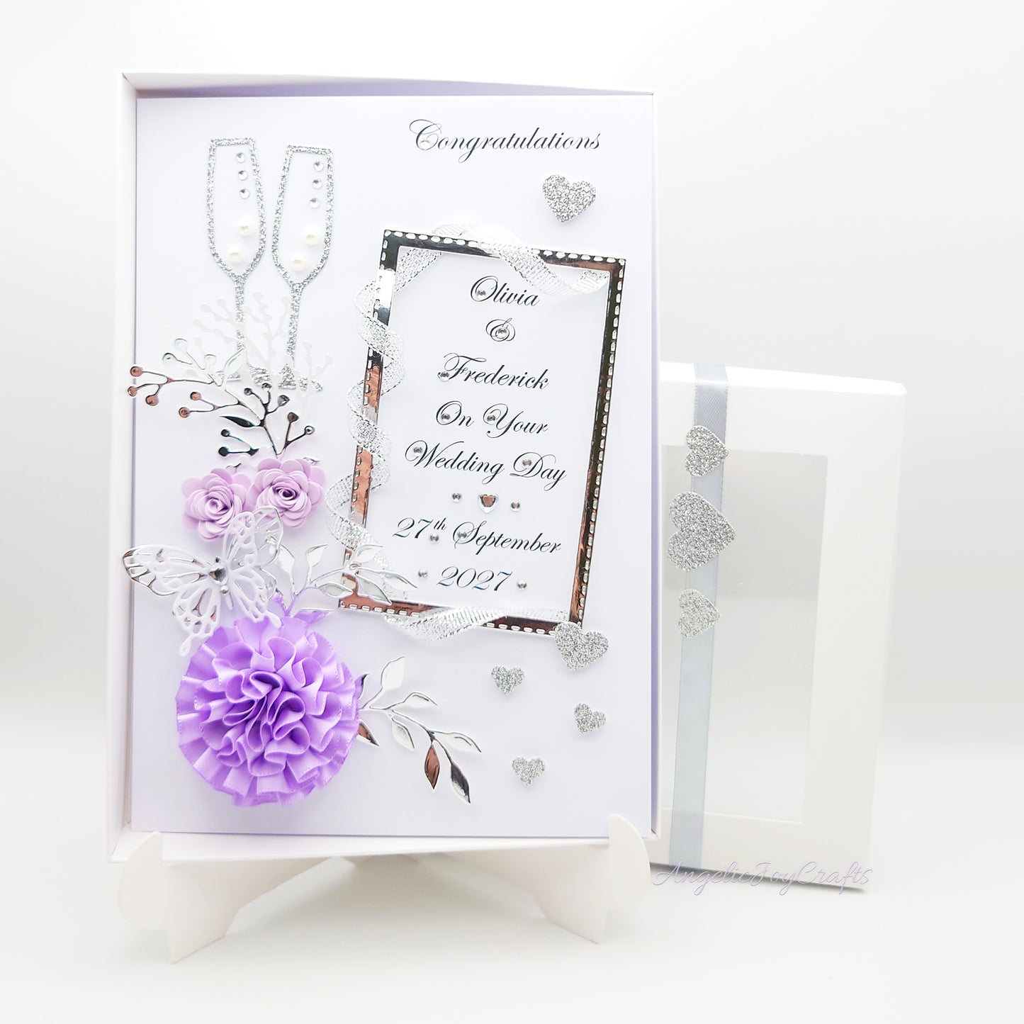 Handmade Personalised 3D Wedding Card with Flowers, Champagne & Framed Momento + Complimentary Gift Box | Anniversary | Wedding | Engagement