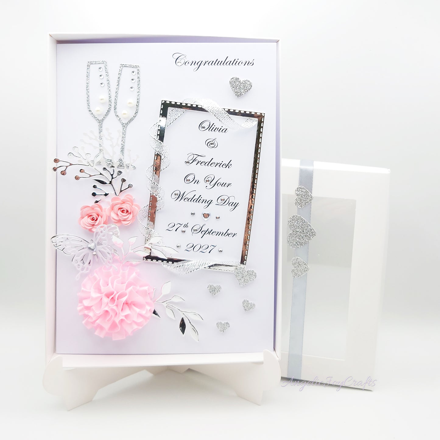 Handmade Personalised 3D Wedding Card with Flowers, Champagne & Framed Momento + Complimentary Gift Box | Anniversary | Wedding | Engagement