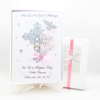 Handmade Personalised 3D Christening Card with Ornate Cross & Angel Charm + Complimentary Gift Box | Christening | Baptism