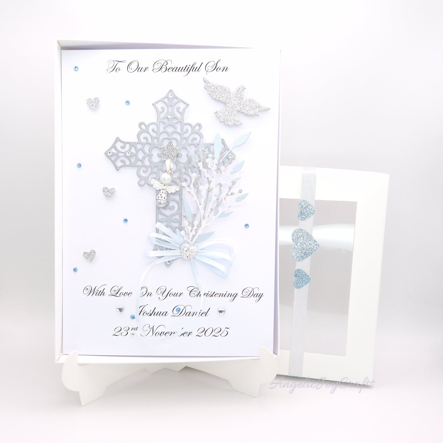 Handmade Personalised 3D Christening Card with Ornate Cross & Angel Charm + Complimentary Gift Box | Christening | Baptism