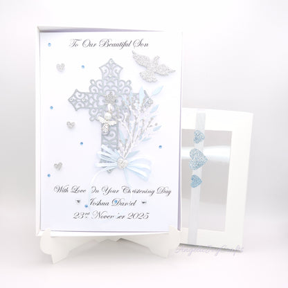 Handmade Personalised 3D Christening Card with Ornate Cross & Angel Charm + Complimentary Gift Box | Christening | Baptism