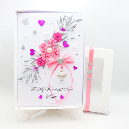 Handmade Personalised 3D Valentine's Day Card with Flower Branch & Angel Charm + Complimentary Gift Box | Birthday | Mother's Day
