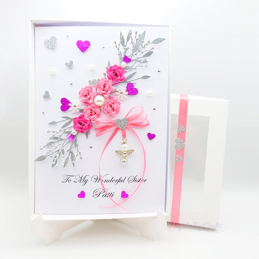 Handmade Personalised 3D Valentine's Day Card with Flower Branch & Angel Charm + Complimentary Gift Box | Birthday | Mother's Day