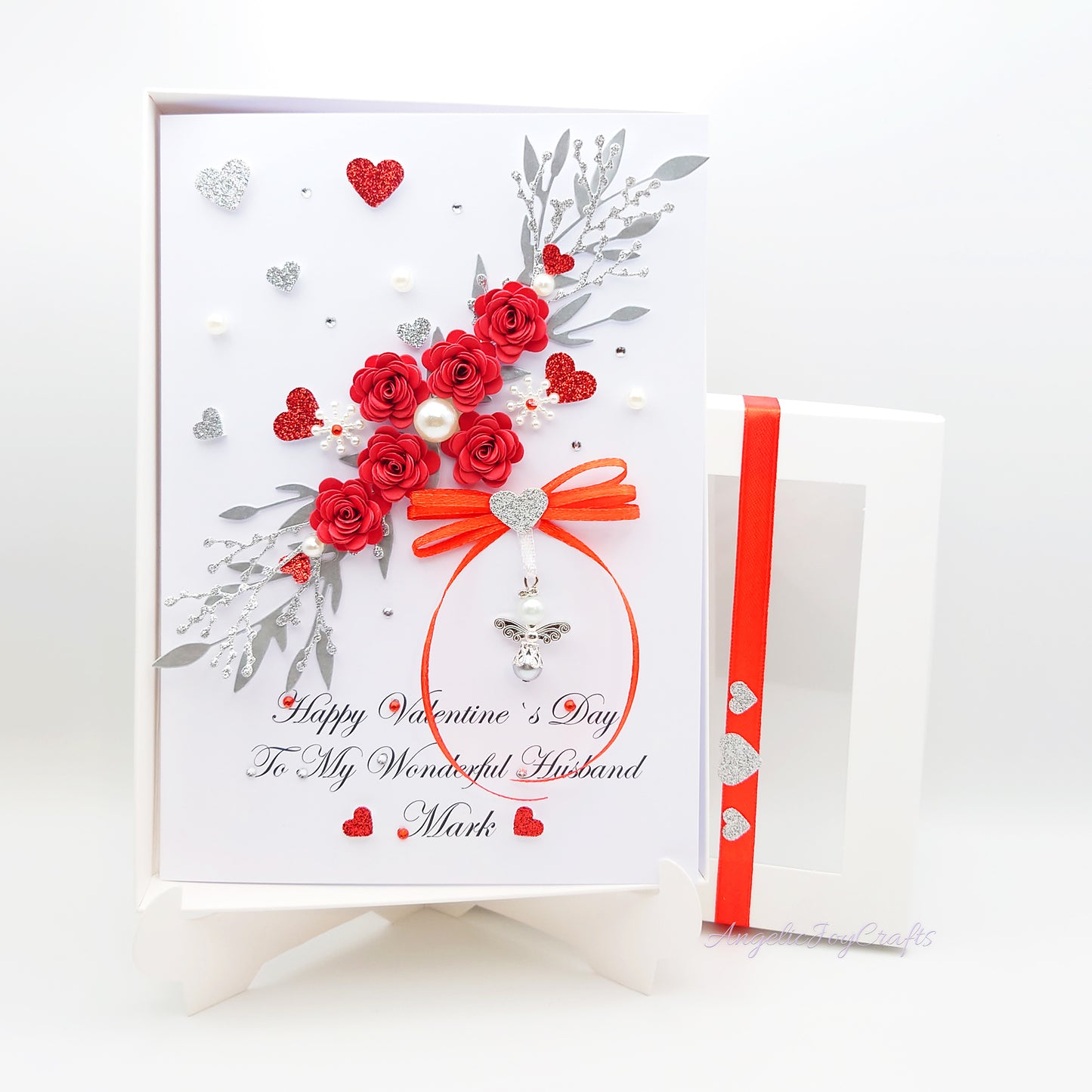 Handmade Personalised 3D Valentine's Day Card with Flower Branch & Angel Charm + Complimentary Gift Box | Birthday | Mother's Day