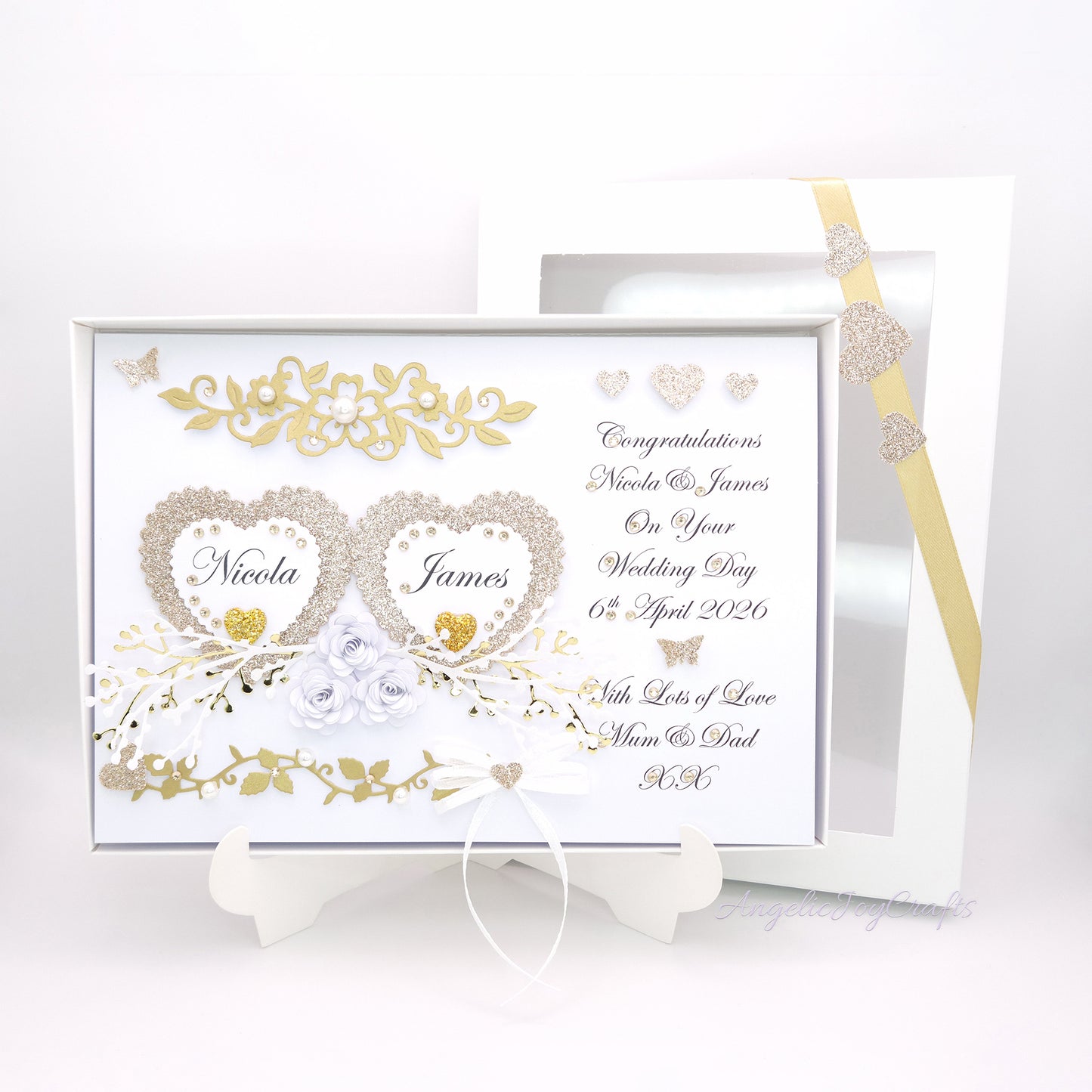 Handmade Personalised 3D Wedding Card with Hearts & Floral Branches + Complimentary Gift Box | Anniversary | Wedding | Engagement