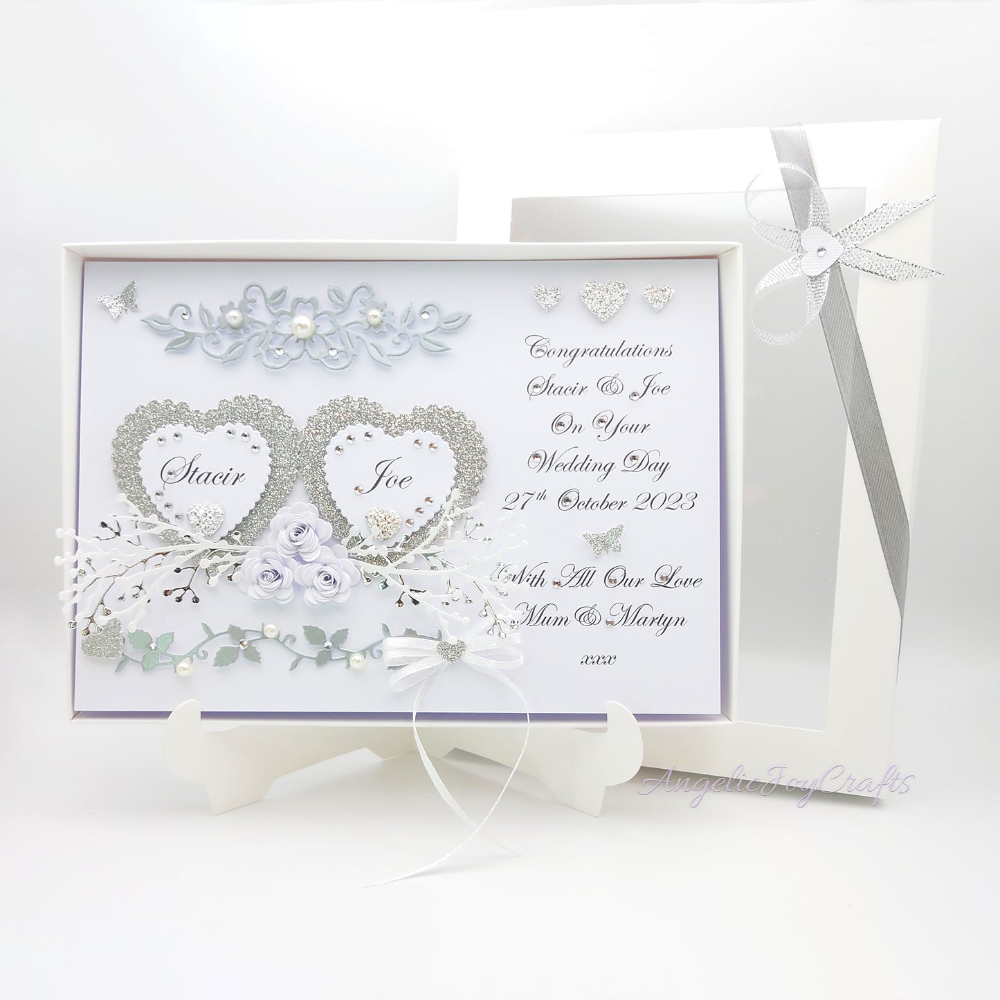 Handmade Personalised 3D Wedding Card with Hearts & Floral Branches + Complimentary Gift Box | Anniversary | Wedding | Engagement