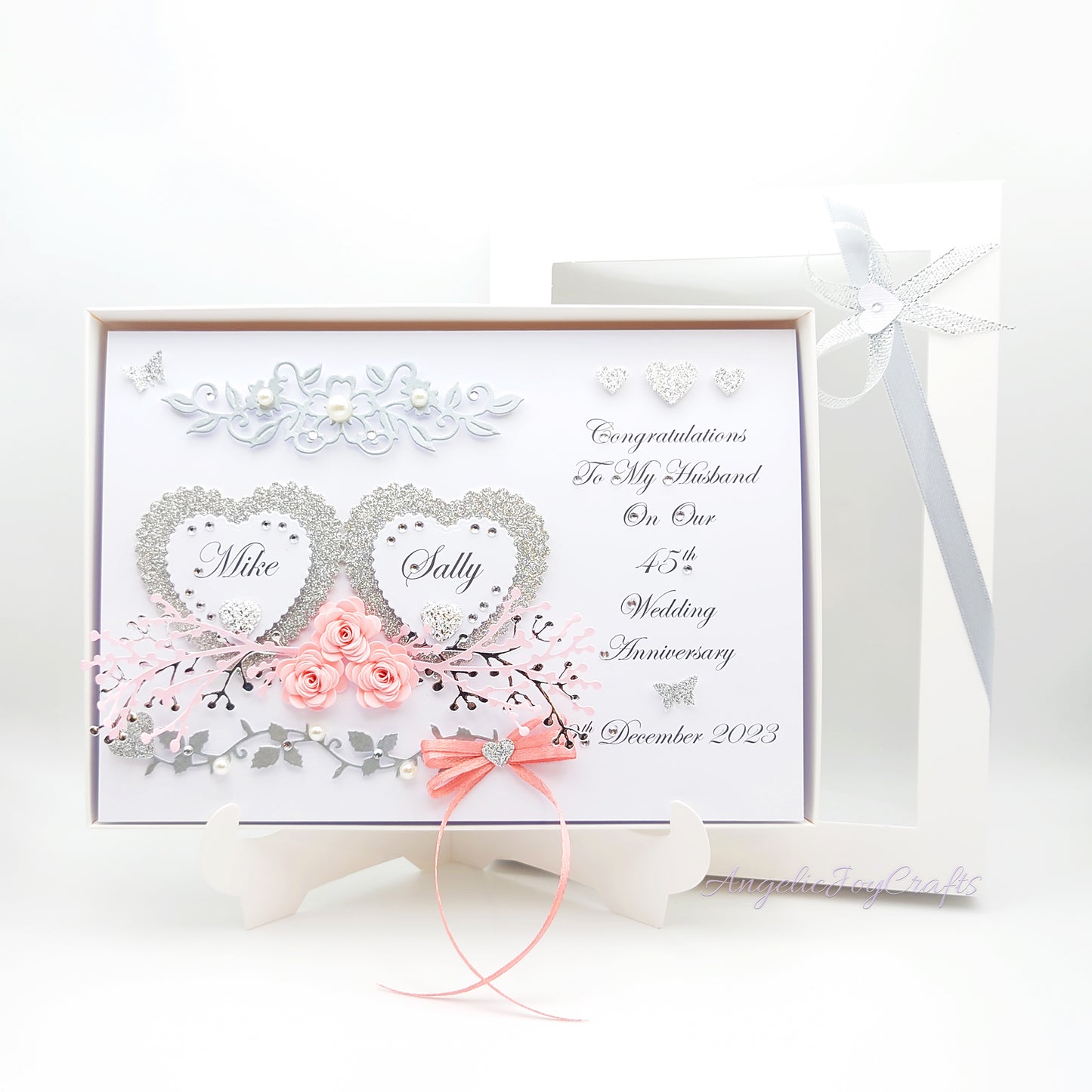 Handmade Personalised 3D Wedding Card with Hearts & Floral Branches + Complimentary Gift Box | Anniversary | Wedding | Engagement