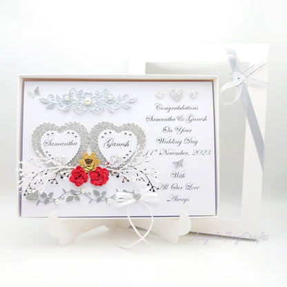 Handmade Personalised 3D Wedding Card with Hearts & Floral Branches + Complimentary Gift Box | Anniversary | Wedding | Engagement