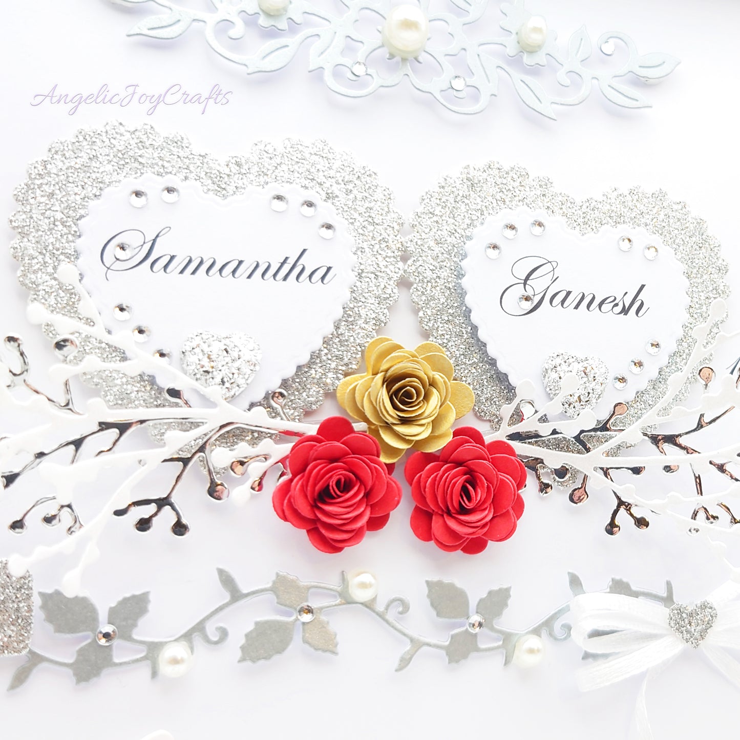 Handmade Personalised 3D Wedding Card with Hearts & Floral Branches + Complimentary Gift Box | Anniversary | Wedding | Engagement