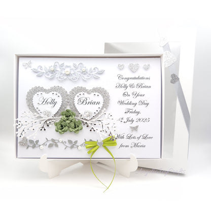 Handmade Personalised 3D Wedding Card with Hearts & Floral Branches + Complimentary Gift Box | Anniversary | Wedding | Engagement