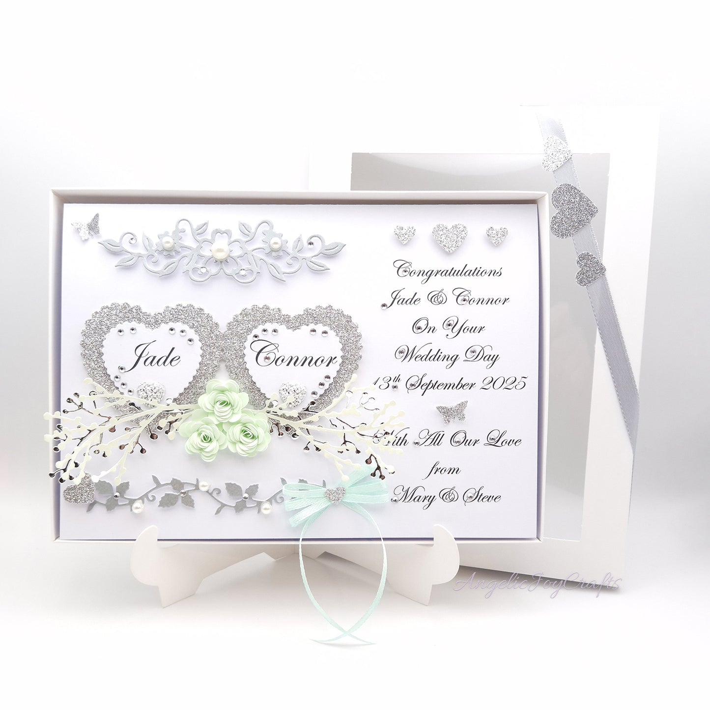 Handmade Personalised 3D Wedding Card with Hearts & Floral Branches + Complimentary Gift Box | Anniversary | Wedding | Engagement