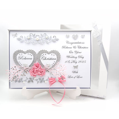 Handmade Personalised 3D Wedding Card with Hearts & Floral Branches + Complimentary Gift Box | Anniversary | Wedding | Engagement