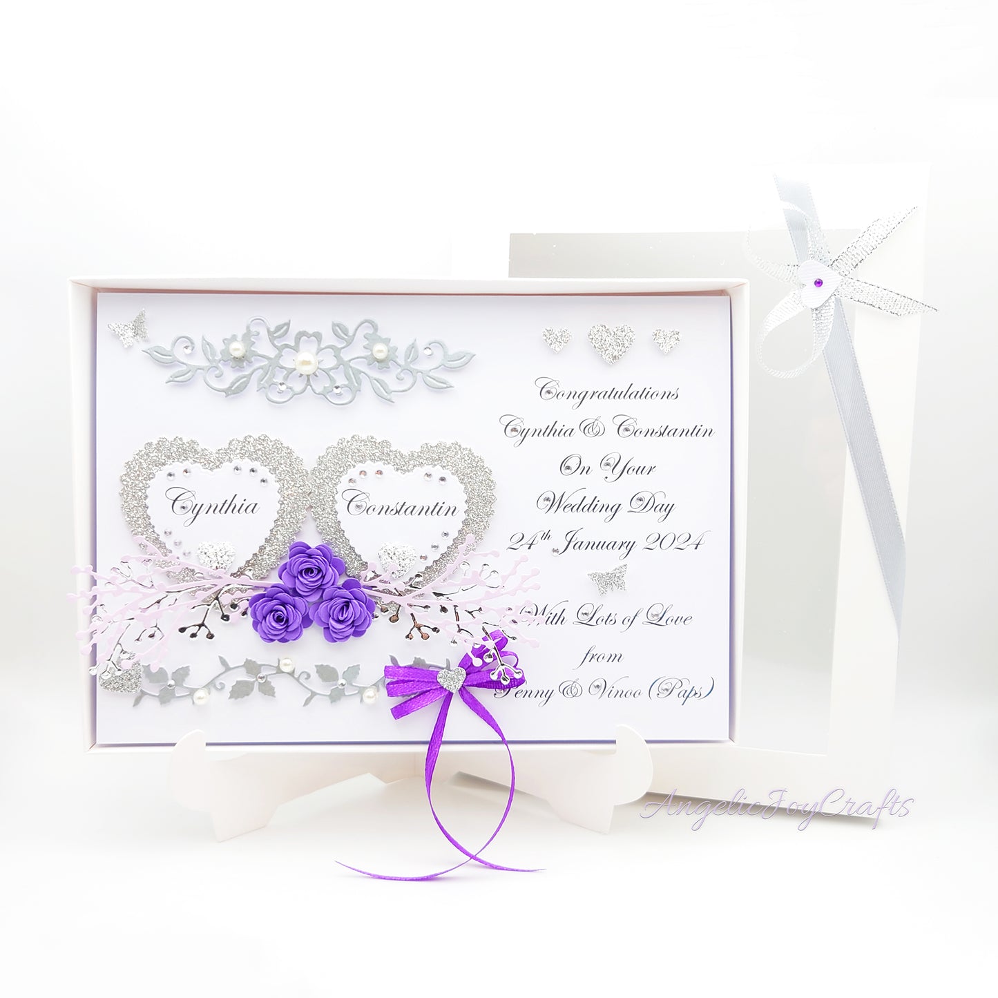 Handmade Personalised 3D Wedding Card with Hearts & Floral Branches + Complimentary Gift Box | Anniversary | Wedding | Engagement