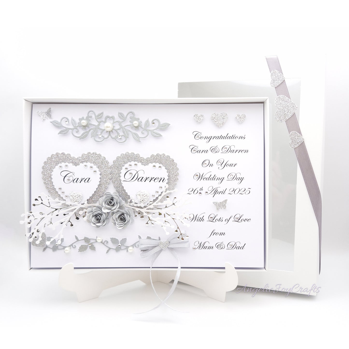 Handmade Personalised 3D Wedding Card with Hearts & Floral Branches + Complimentary Gift Box | Anniversary | Wedding | Engagement