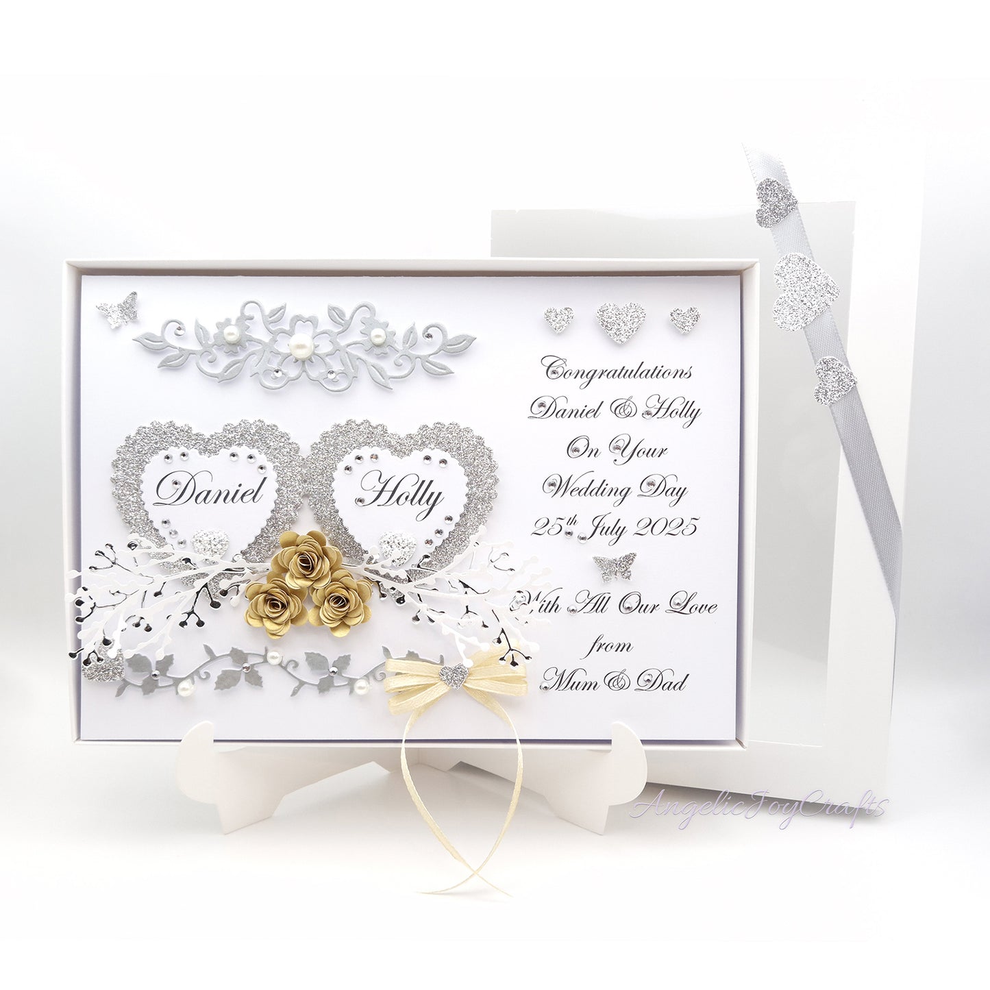 Handmade Personalised 3D Wedding Card with Hearts & Floral Branches + Complimentary Gift Box | Anniversary | Wedding | Engagement