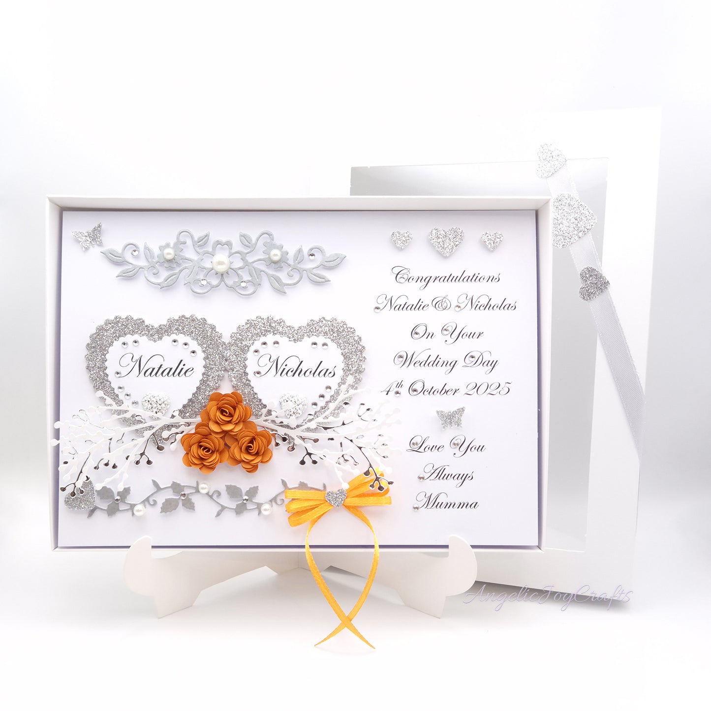 Handmade Personalised 3D Wedding Card with Hearts & Floral Branches + Complimentary Gift Box | Anniversary | Wedding | Engagement