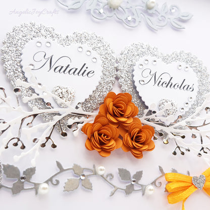 Handmade Personalised 3D Wedding Card with Hearts & Floral Branches + Complimentary Gift Box | Anniversary | Wedding | Engagement