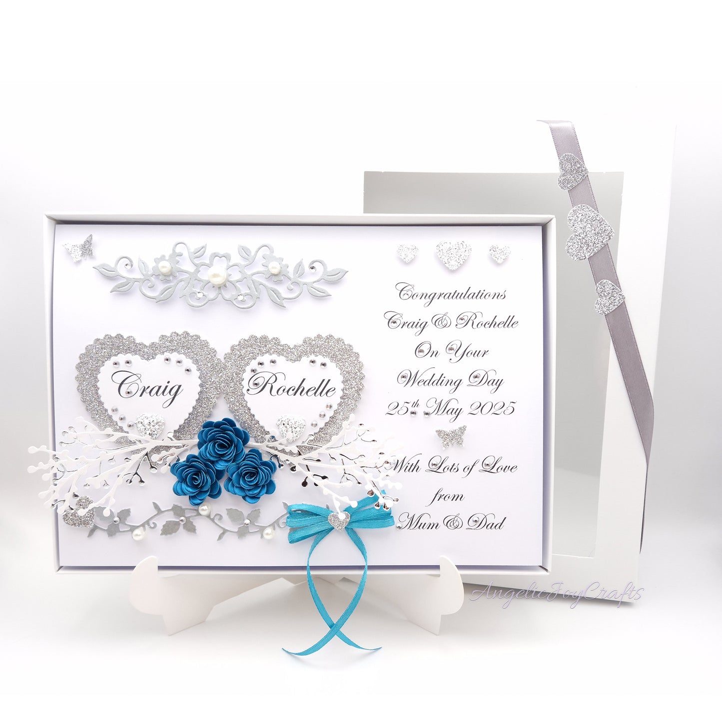 Handmade Personalised 3D Wedding Card with Hearts & Floral Branches + Complimentary Gift Box | Anniversary | Wedding | Engagement