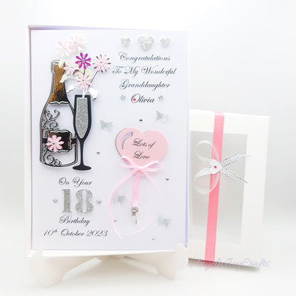 Handmade Personalised 3D Birthday Card with Champagne & Tree of Life Charm + Complimentary Gift Box | Birthday | Mother's Day