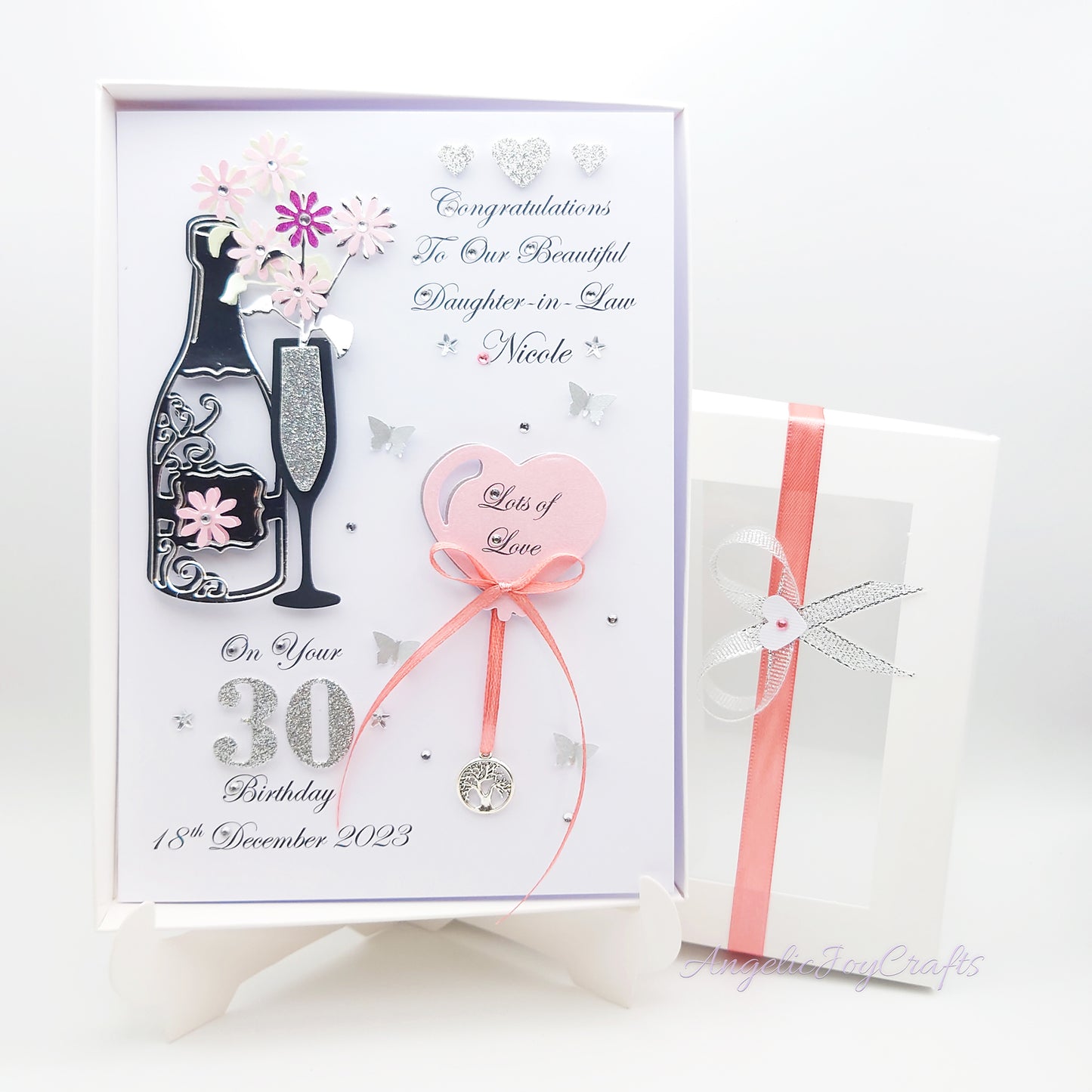 Handmade Personalised 3D Birthday Card with Champagne & Tree of Life Charm + Complimentary Gift Box | Birthday | Mother's Day