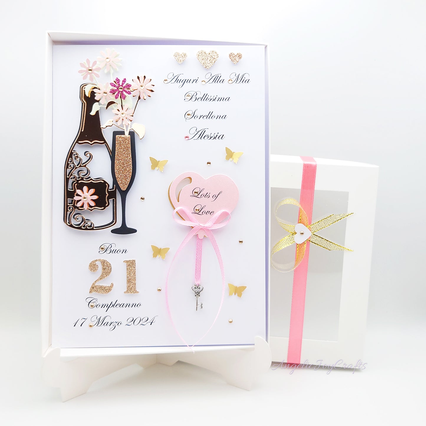 Handmade Personalised 3D Birthday Card with Champagne & Tree of Life Charm + Complimentary Gift Box | Birthday | Mother's Day