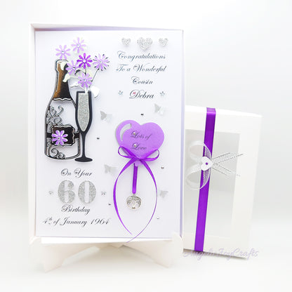 Handmade Personalised 3D Birthday Card with Champagne & Tree of Life Charm + Complimentary Gift Box | Birthday | Mother's Day