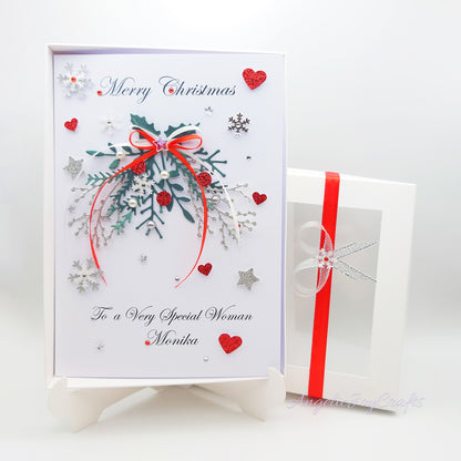 Handmade Personalised 3D Christmas Card with Branch & Bow + Complimentary Gift Box | Christmas | Noel | New Year