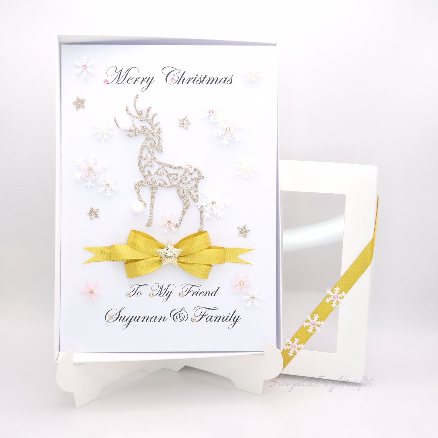 Handmade Personalised 3D Christmas Card with Golden Buck & Bow + Complimentary Gift Box | Christmas | Noel | New Year