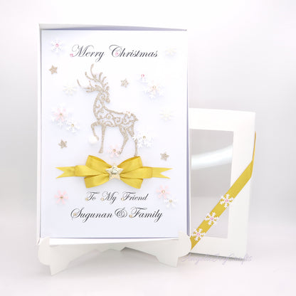 Handmade Personalised 3D Christmas Card with Golden Buck & Bow + Complimentary Gift Box | Christmas | Noel | New Year