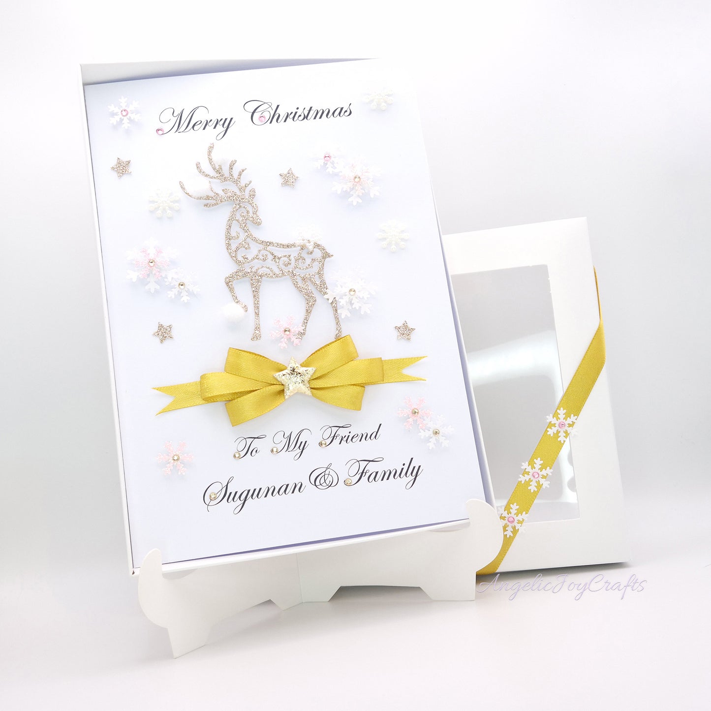 Handmade Personalised 3D Christmas Card with Golden Buck & Bow + Complimentary Gift Box | Christmas | Noel | New Year